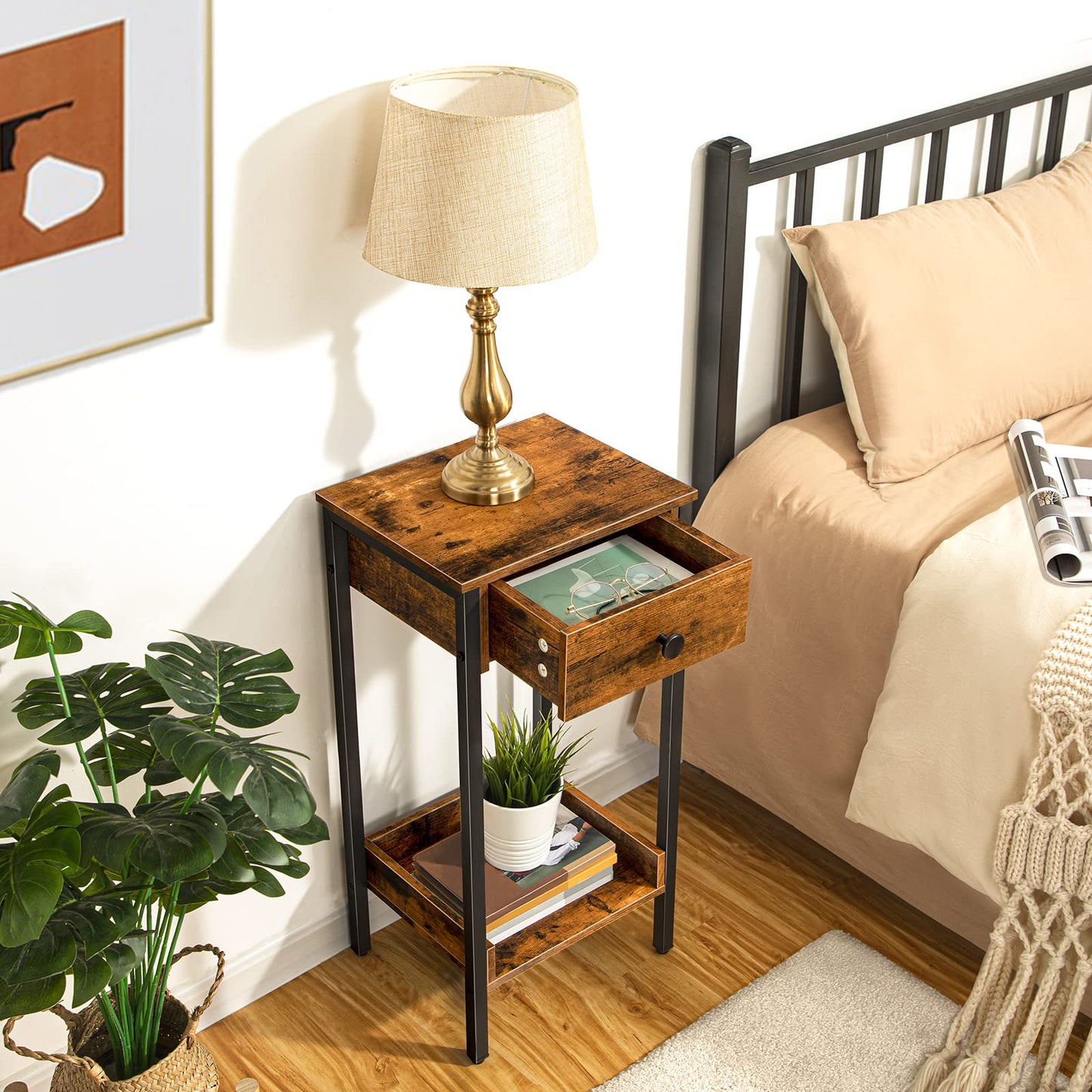 HOOBRO Tall Side Table with Drawers & Storage Shelves