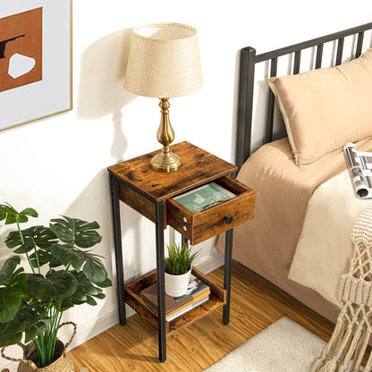 HOOBRO Tall Side Table with Drawers & Storage Shelves