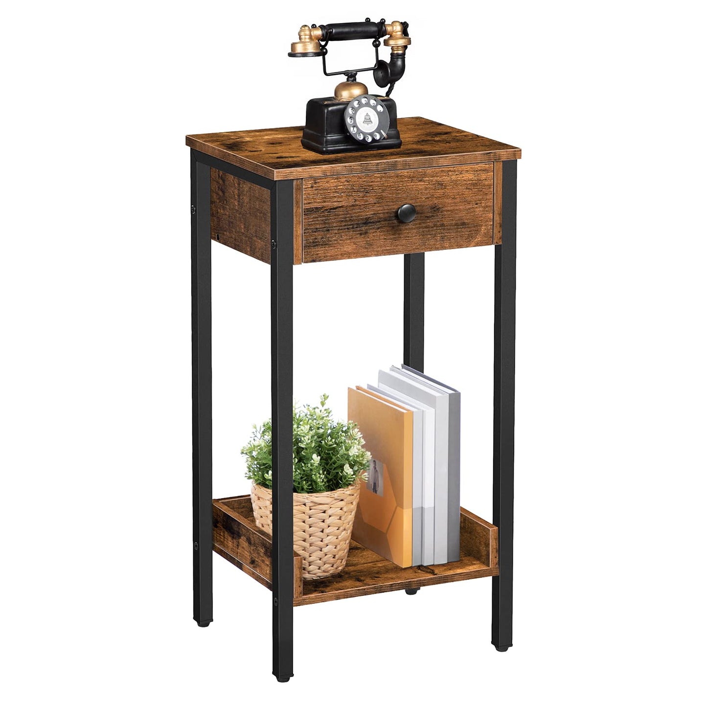 HOOBRO Tall Side Table with Drawers & Storage Shelves