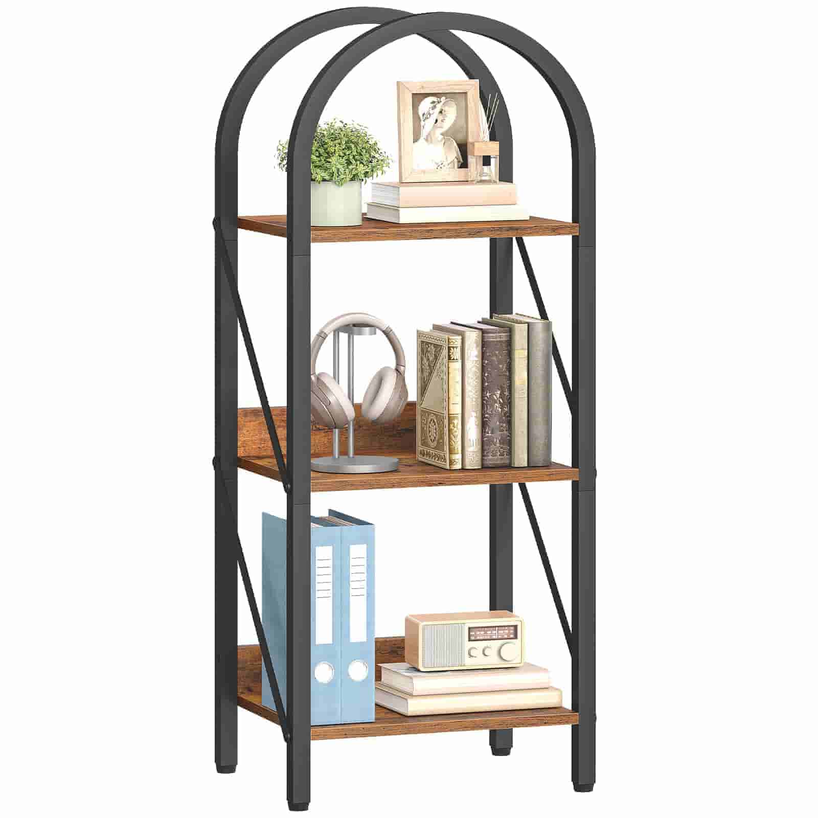 Three-tiered bookshelf with wooden shelves and metal frame on a white background