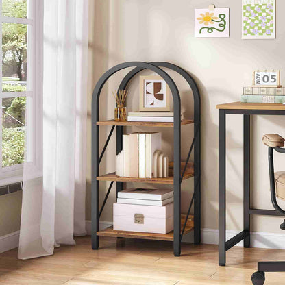 Bookshelf with decorative items in a room with a window and side table.