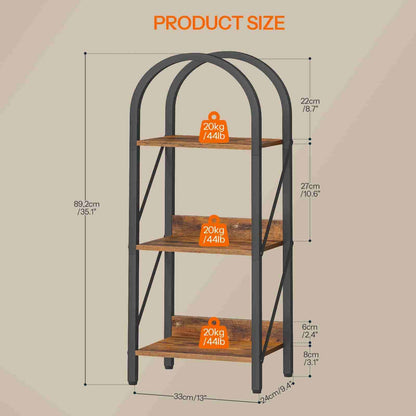 Measurement chart of a three-tiered shelf with weight indicators on a beige background