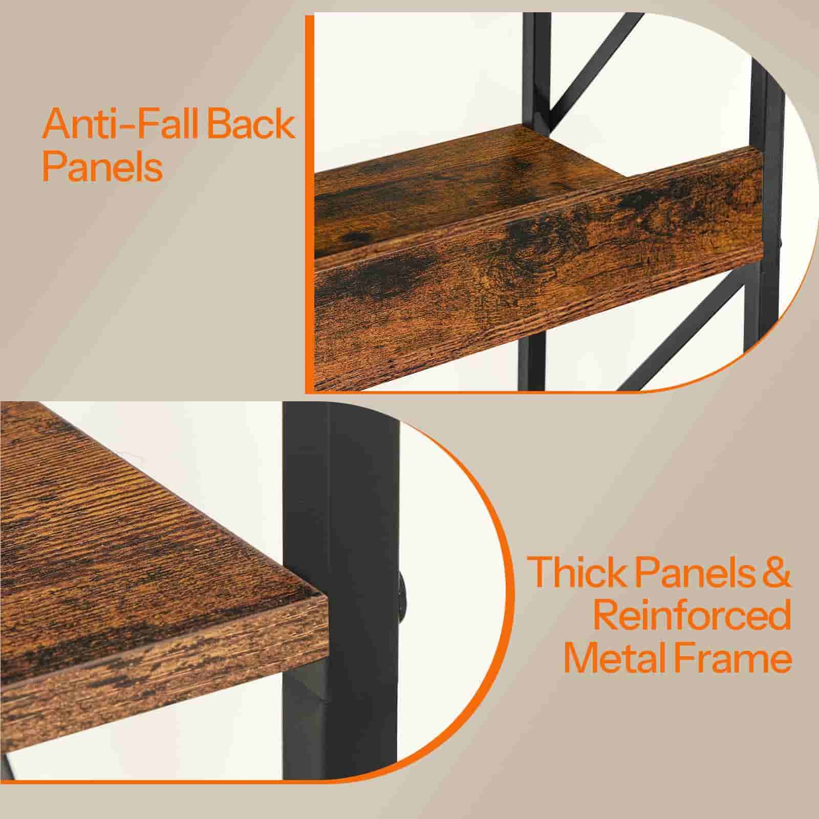 Wooden shelves with anti-fall back panels and thick panels reinforced by a metal frame.