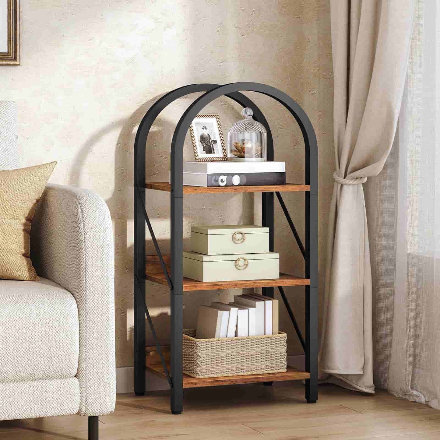Bookshelf with decorative items in a living room setting