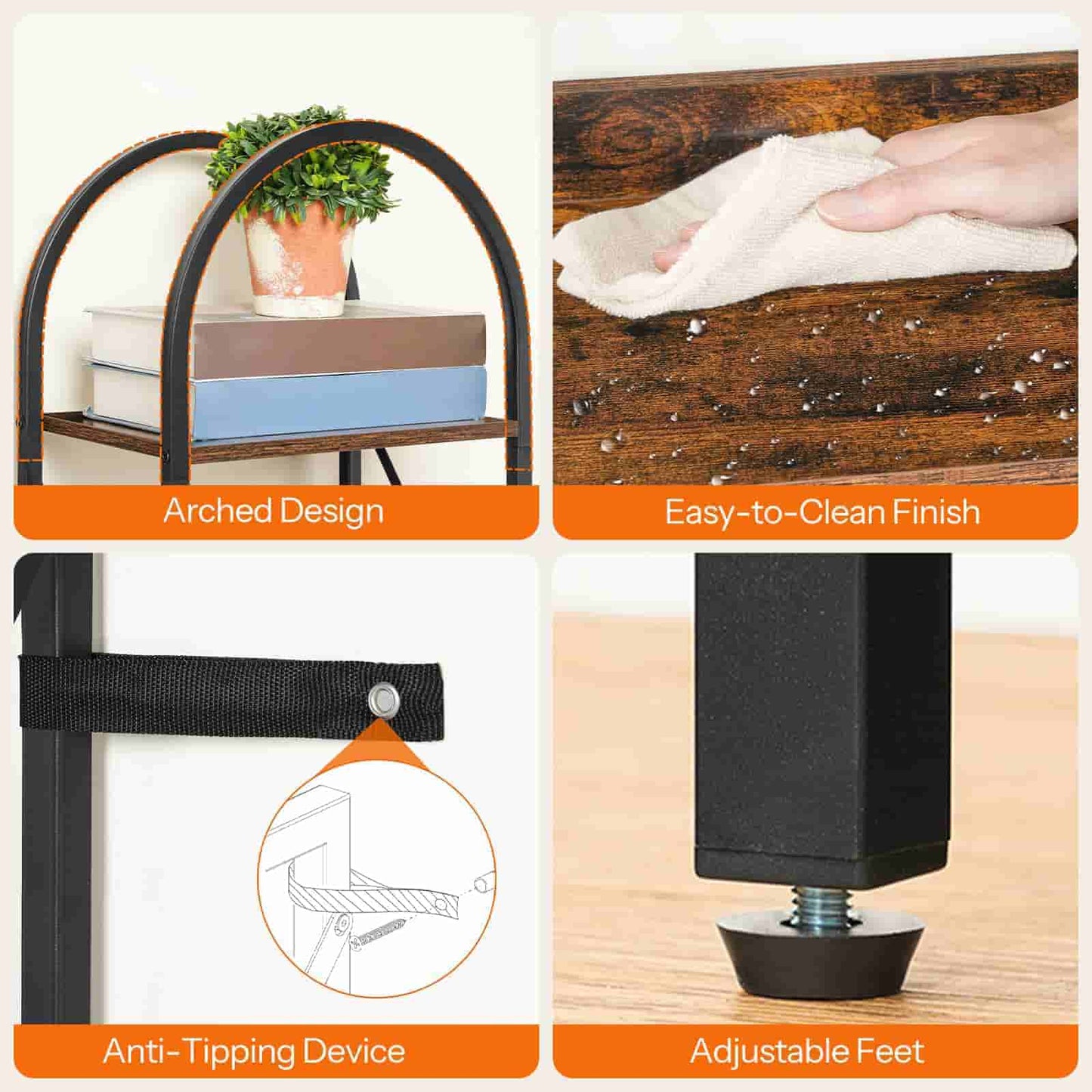 Collage of a shelf with arched design, cleaning process, anti-tipping device, and adjustable feet.