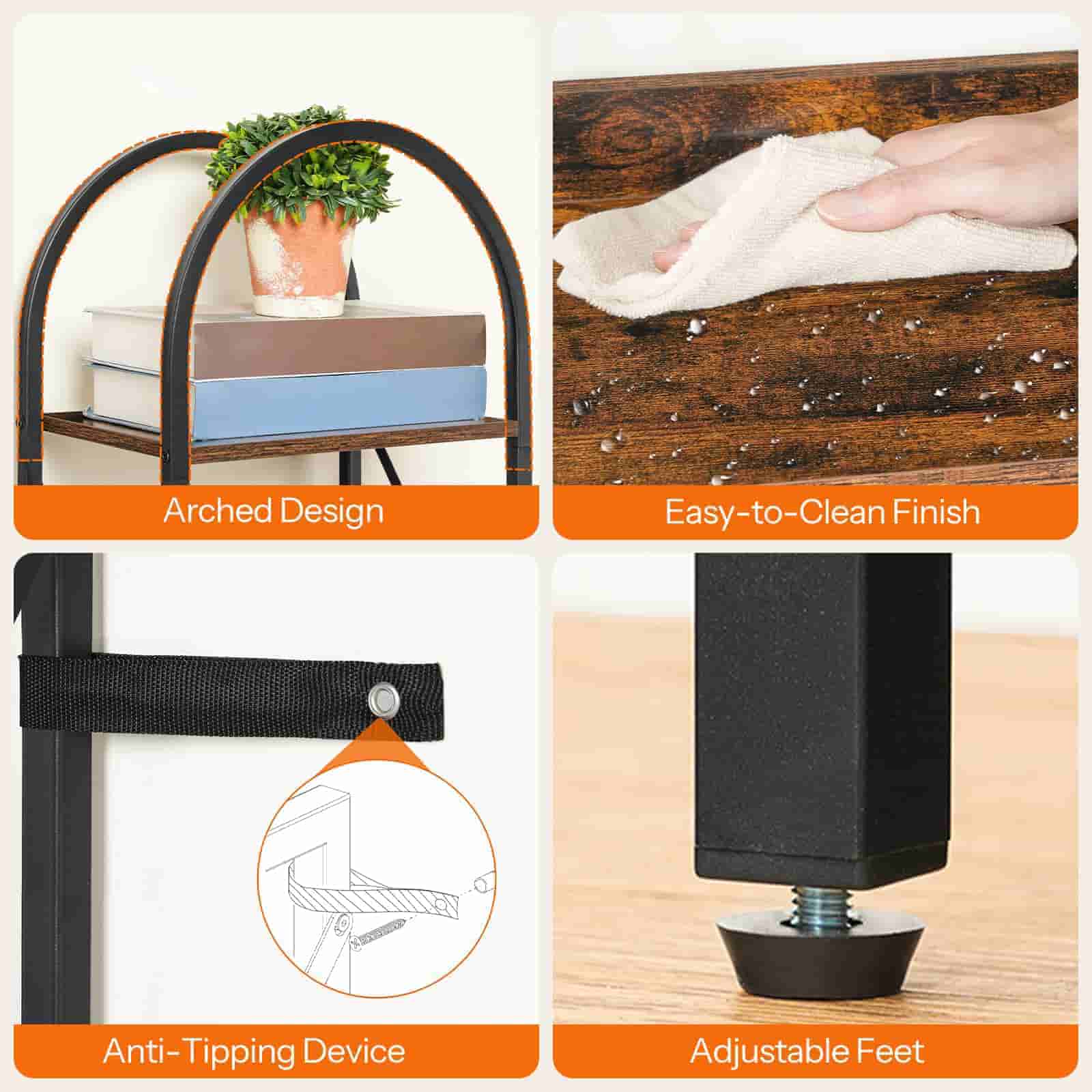 Collage of a shelf with arched design, cleaning process, anti-tipping device, and adjustable feet.