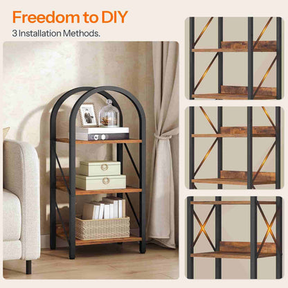 Wooden shelf with black metal frame in a room setting, featuring 'Freedom to DIY' text.