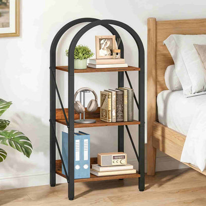 Three-tiered metal shelf with wooden shelves against a bedroom wall.