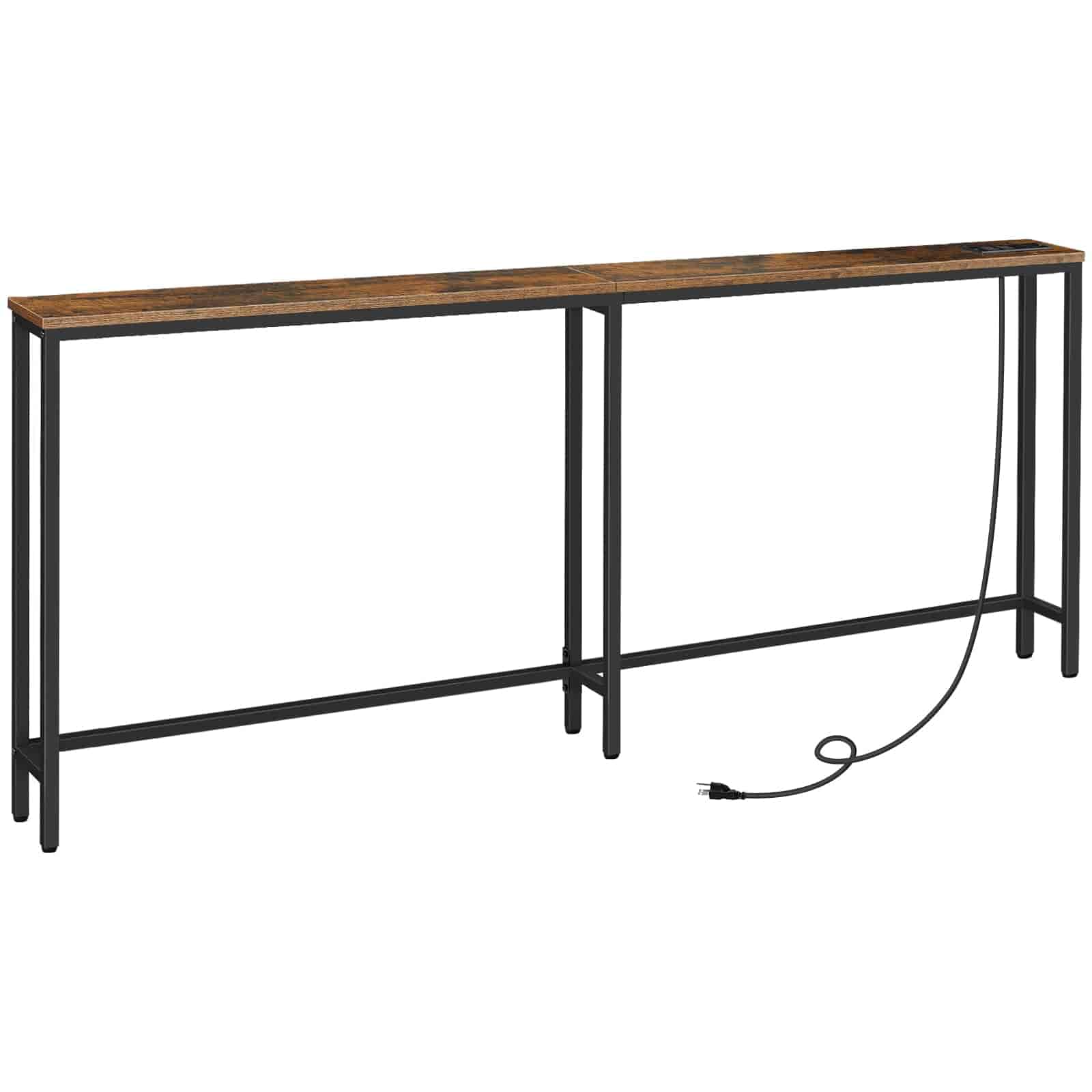 Long wooden table with metal legs on a white background