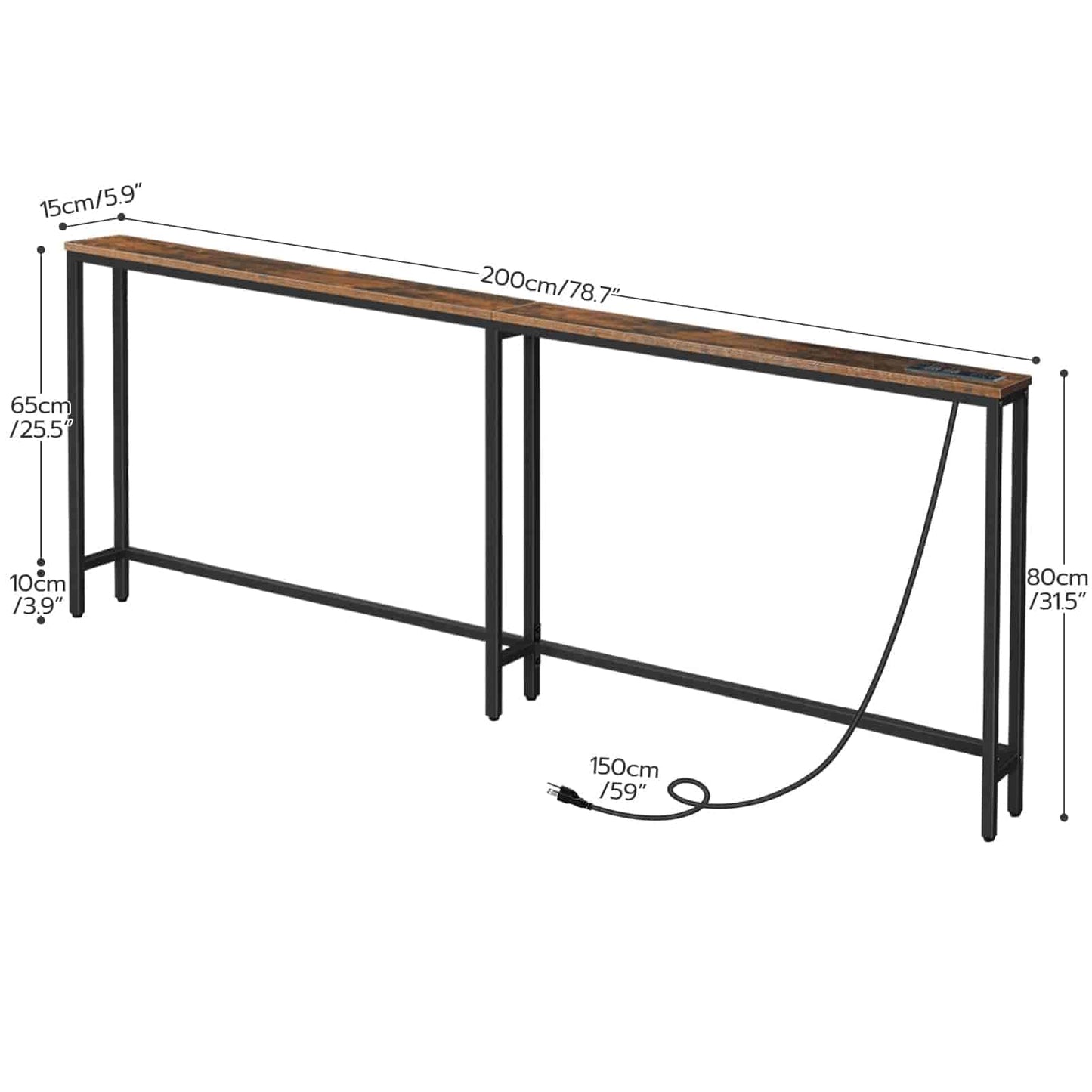 Long narrow table with dimensions labeled on a white background