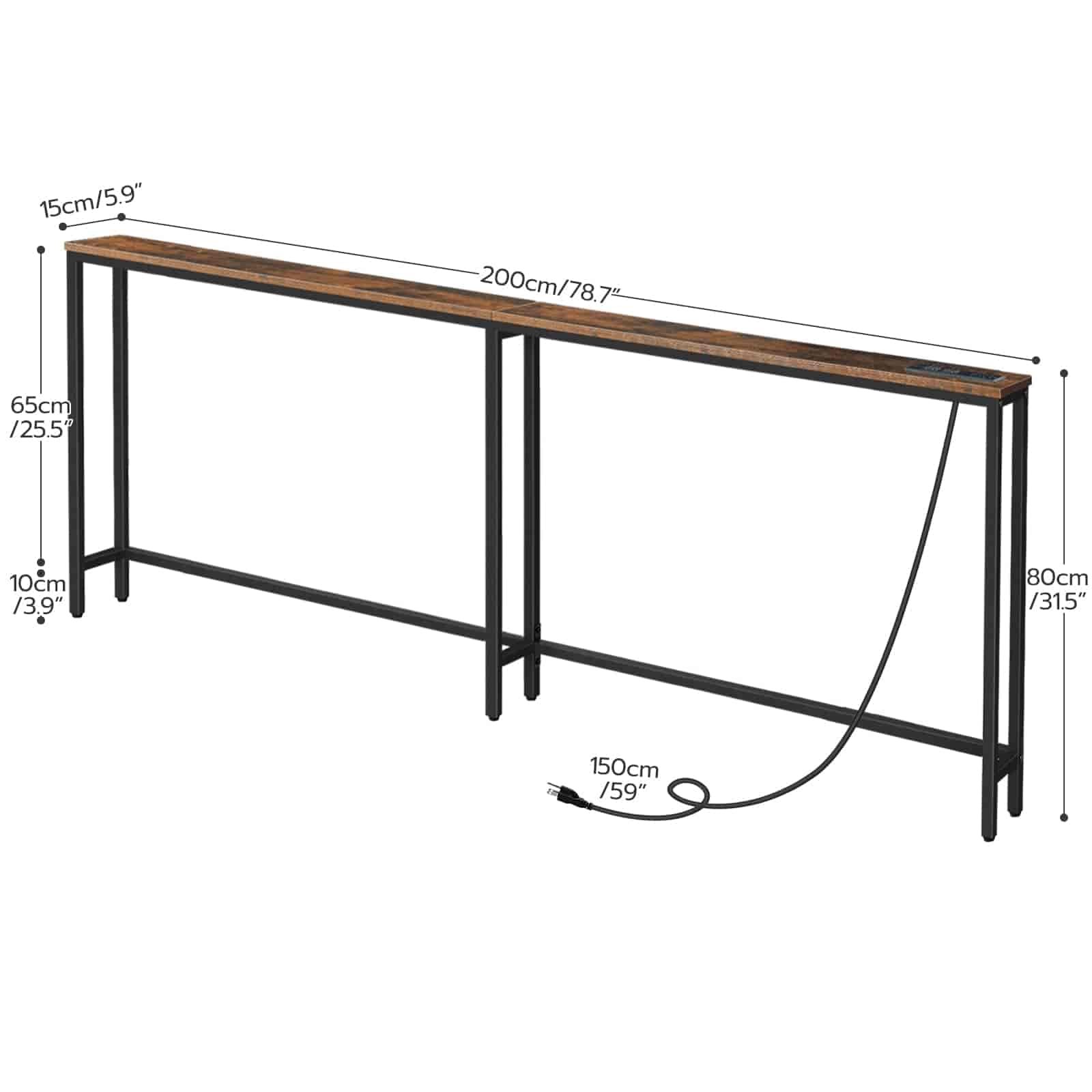 Long narrow table with dimensions labeled on a white background