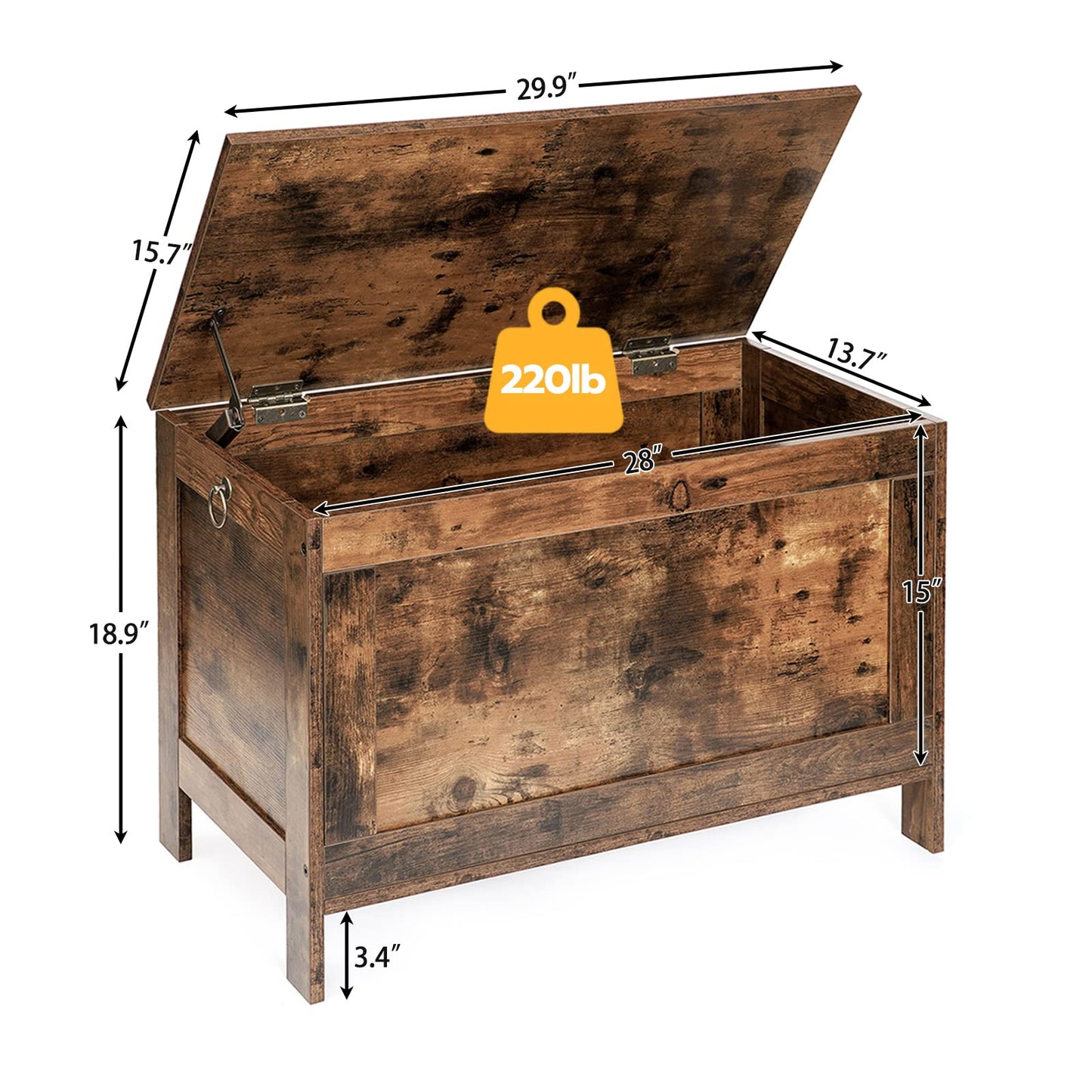 Wooden storage chest with dimensions and weight capacity displayed
