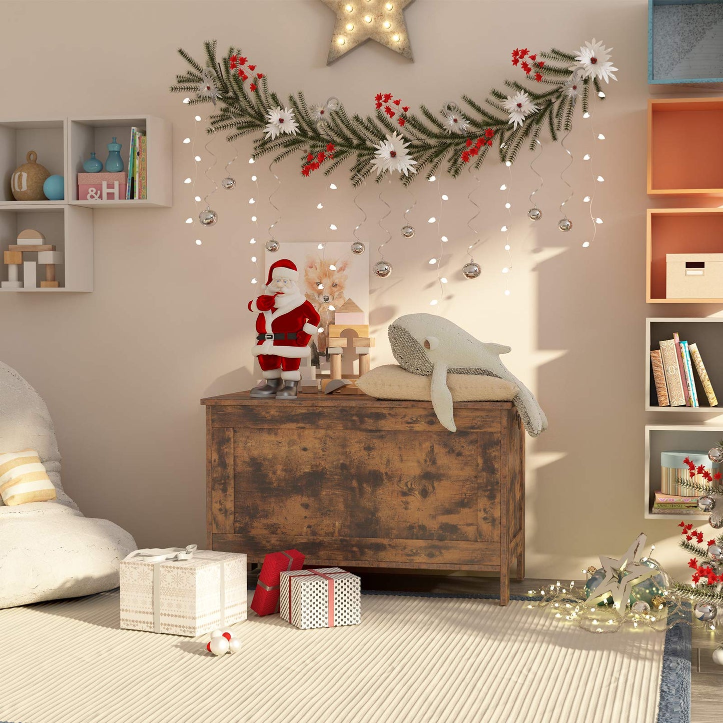 Children's room decorated for Christmas with a wooden chest, Santa figurine, and festive garland.