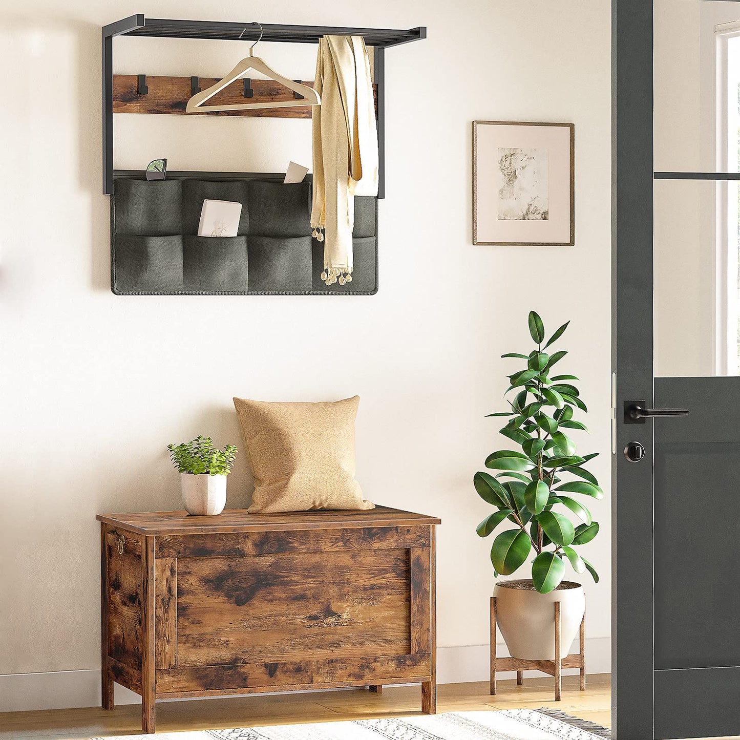 Room interior with wooden chest, mirror, and plants