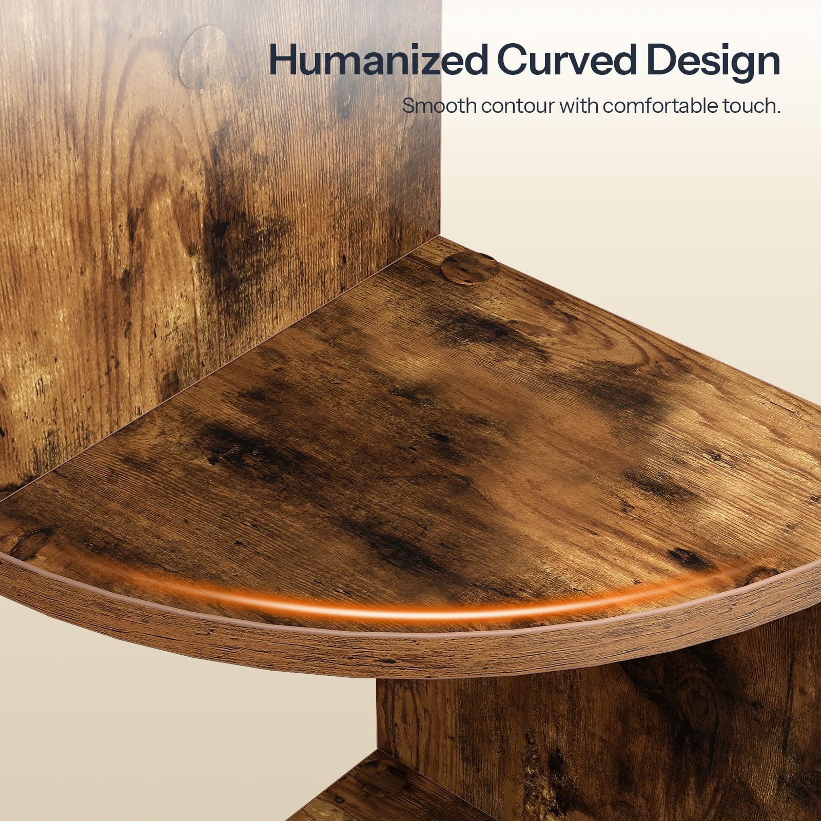 Wooden curved surface with 'Humanized Curved Design' text on a beige background