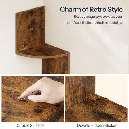 Wooden corner shelf with rustic vintage style, durable surface, and dowels hidden sticker feature.
