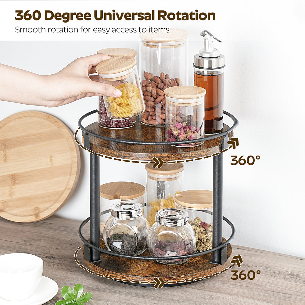 HOOBRO Lazy Susan Organizer, Rotating Spice Rack, 2 Tier Spice Turntable Organizer, Industrial Turntable Spice Holder, for Kitchen Countertop and Cabinet, Compact and Versatile, Rustic Brown