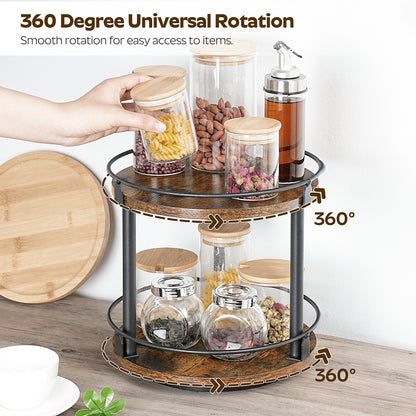 HOOBRO Lazy Susan Organizer, Rotating Spice Rack, 2 Tier Spice Turntable Organizer, Industrial Turntable Spice Holder, for Kitchen Countertop and Cabinet, Compact and Versatile, Rustic Brown