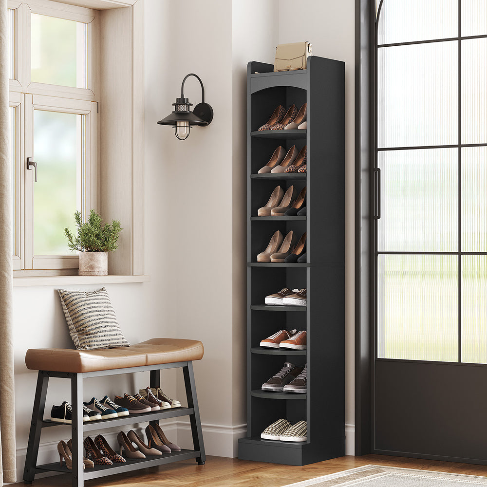HOOBRO 9-Tier Tall Shoe Rack, Wooden Shoe Storage Organizer, Narrow Shoe Cabinet with Removable Shelves for Small Spaces, Holds 9 Pairs of Shoes, for Entrance, Hallway, Black