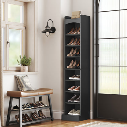 HOOBRO 9-Tier Tall Shoe Rack, Wooden Shoe Storage Organizer, Narrow Shoe Cabinet with Removable Shelves for Small Spaces, Holds 9 Pairs of Shoes, for Entrance, Hallway, Black