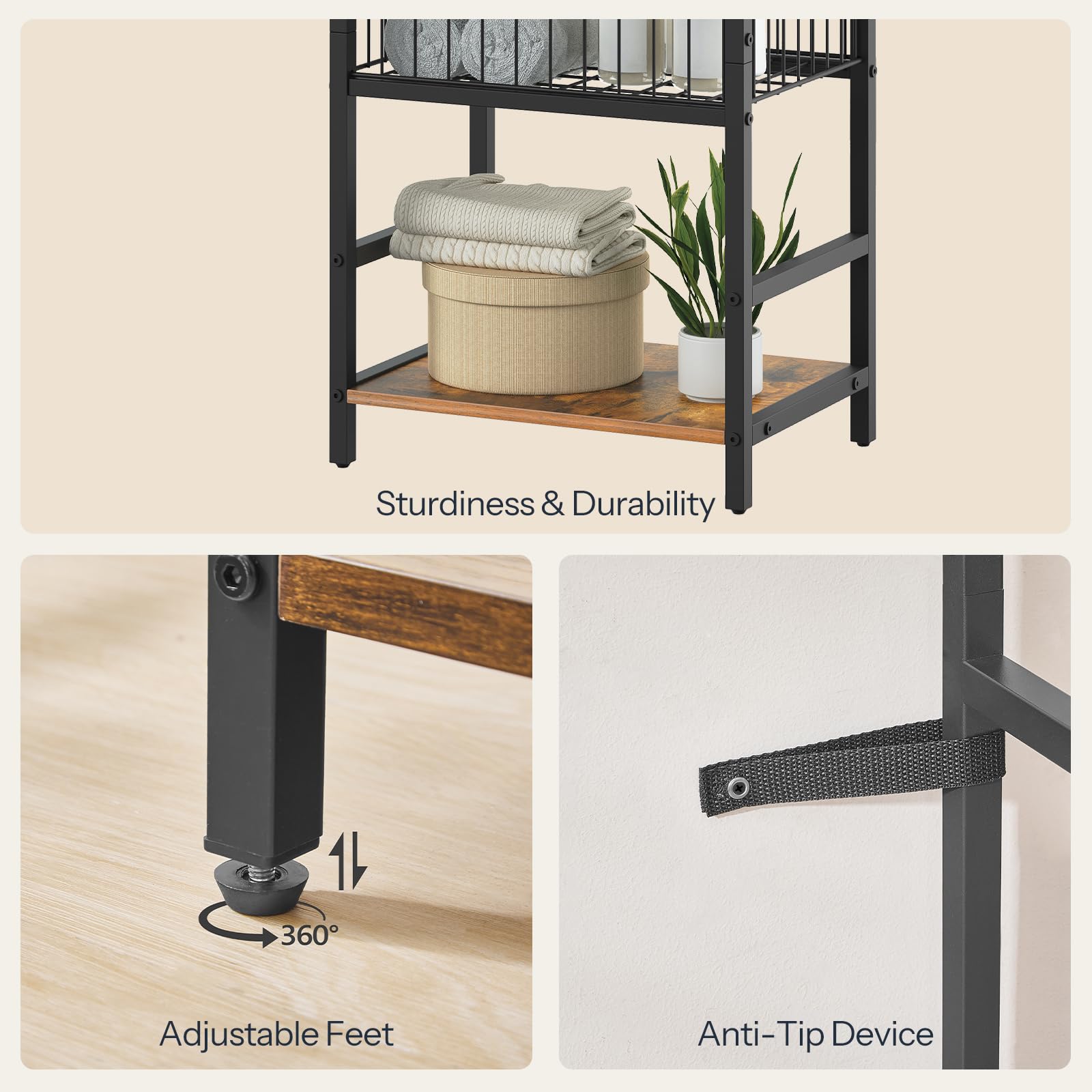 Collage of a shelf with items, close-up of adjustable feet, and anti-tip device on a beige background.