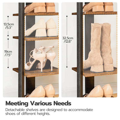 Shoe rack with various shoes on shelves, showing dimensions and text about accommodating different shoe heights.