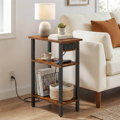 HOOBRO Narrow Side Table, 3-Tier Slim End Table with Charging Station, Skinny Nightstand with Open Storage, for Small Spaces, Living Room, Bedroom, Study, Rustic Brown and Black