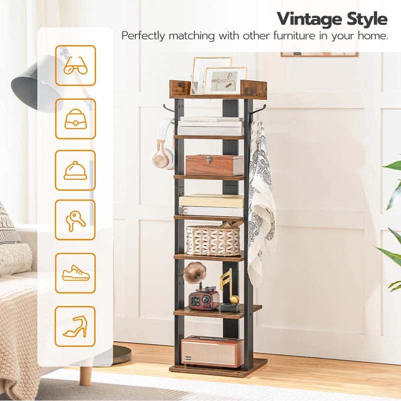 Tall wooden shelf with decorative items in a room setting, labeled 'Vintage Style'.