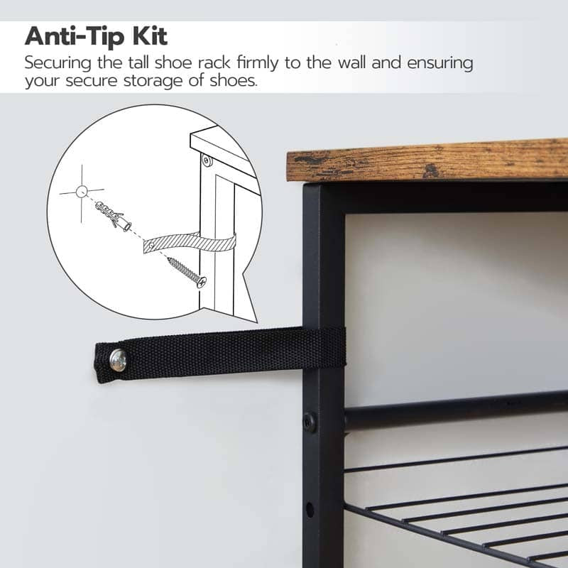 Technical diagram detailing how to screw the vertical shoe tower wall anti-tip anchor safety straps into drywall.