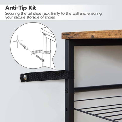 Technical diagram detailing how to screw the vertical shoe tower wall anti-tip anchor safety straps into drywall.