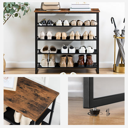 Shoe rack with various shoes on a wooden floor, with close-up details of the design.