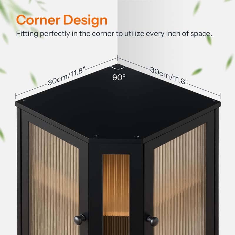 Black corner cabinet shown in a room corner with dimension labels indicating 30cm by 30cm by 90 degrees, plus marketing text about corner design and space utilization.