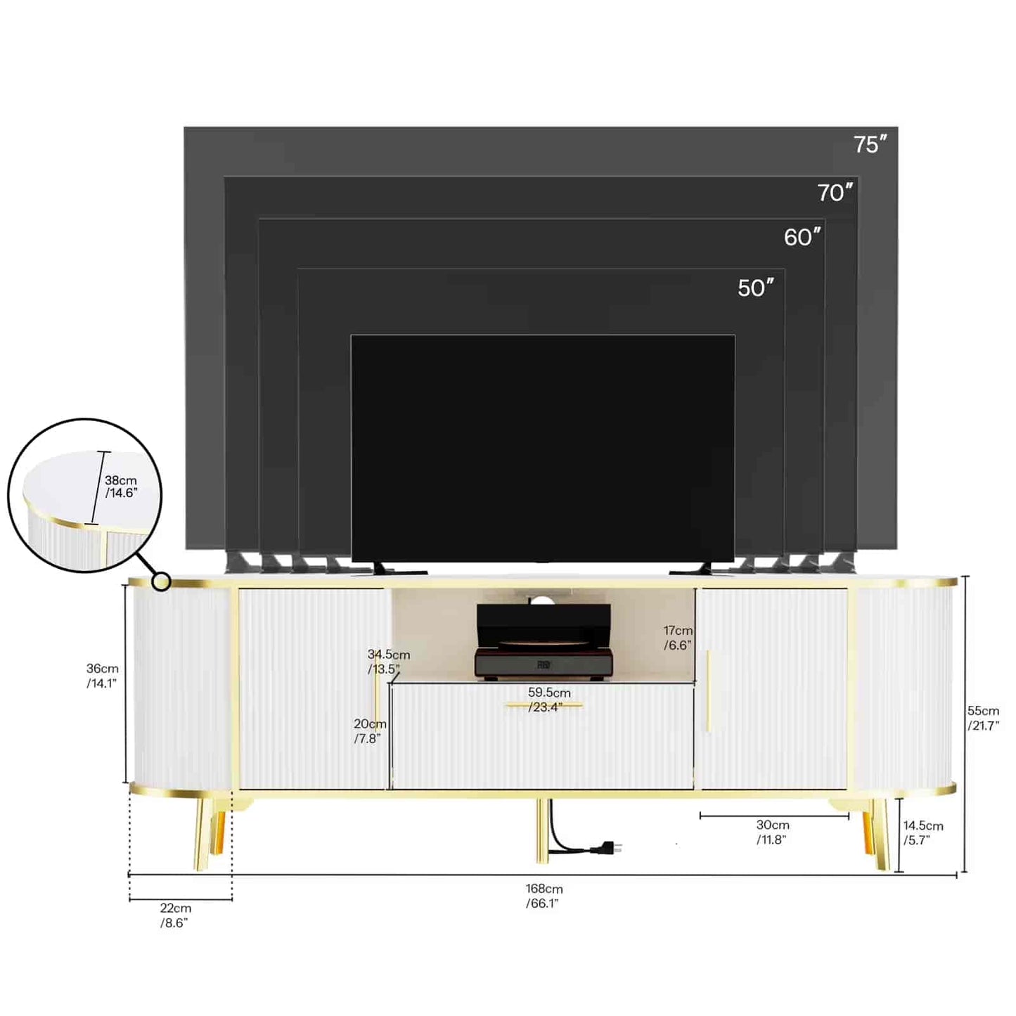 Dimensions of a TV stand with a television on top, showing measurements in centimeters.