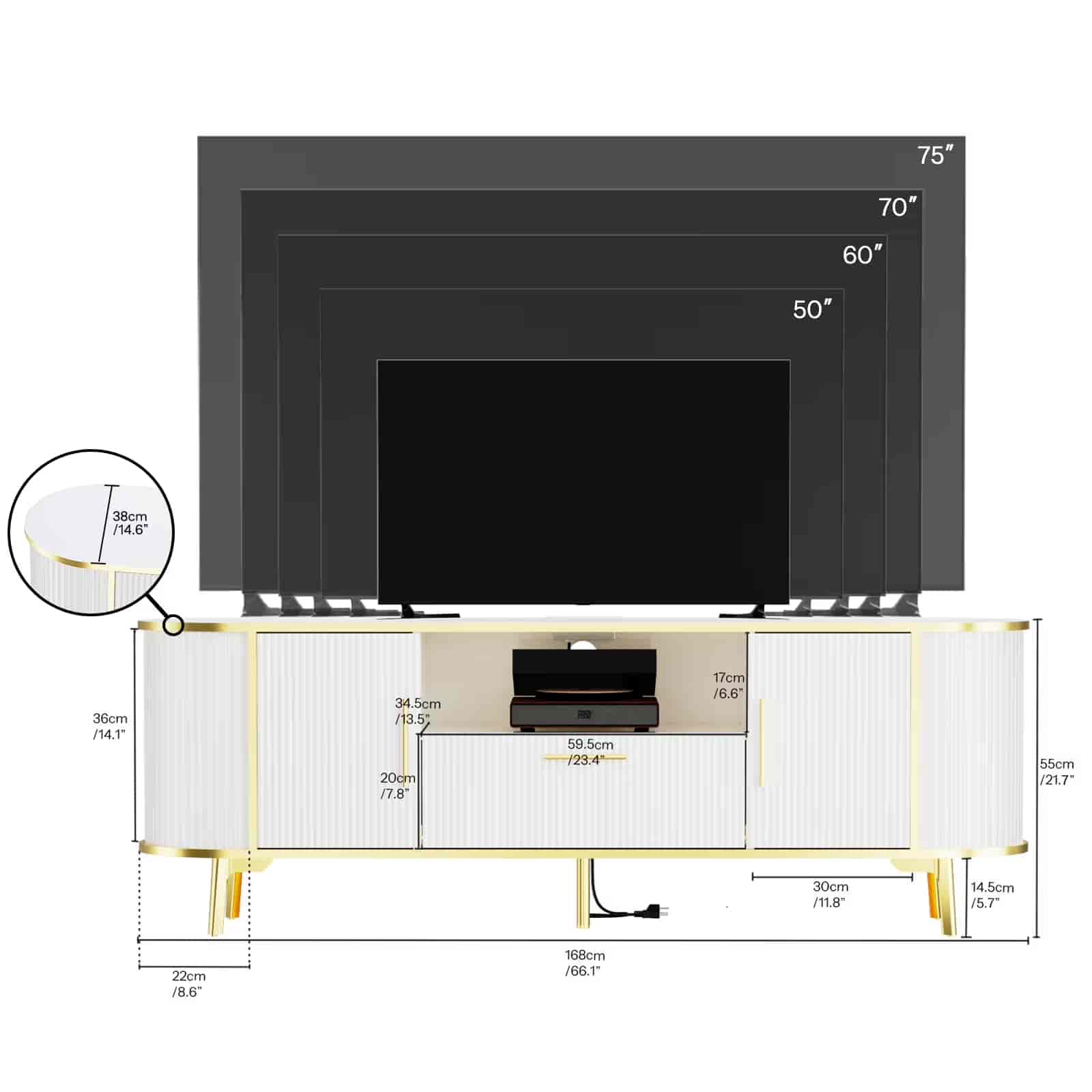 Dimensions of a TV stand with a television on top, showing measurements in centimeters.