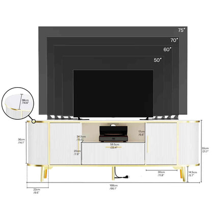 Dimensions of a TV stand with a television on top, showing measurements in centimeters.