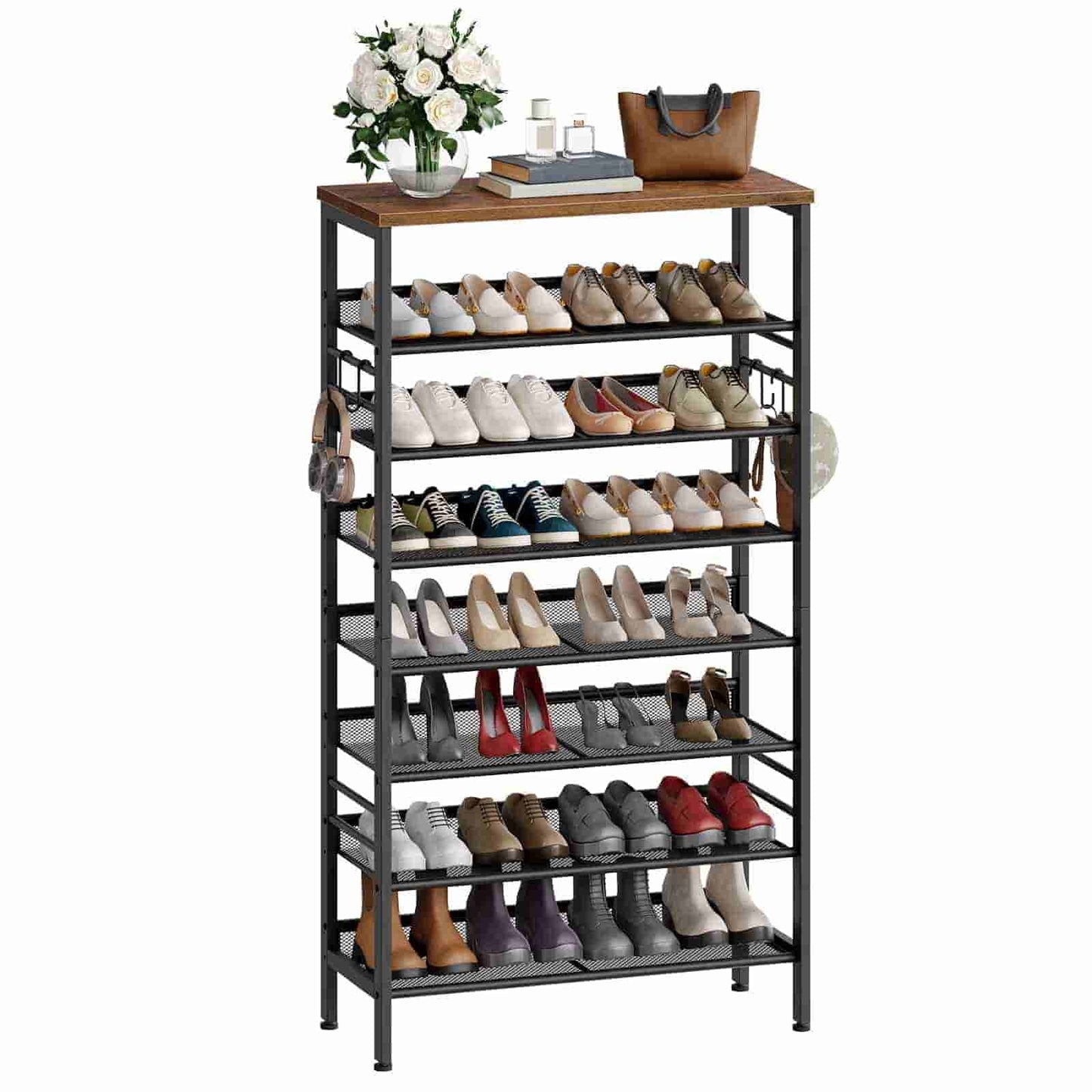 Shoe rack with multiple shelves filled with shoes, on a white background.