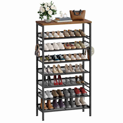 Shoe rack with multiple shelves filled with shoes, on a white background.
