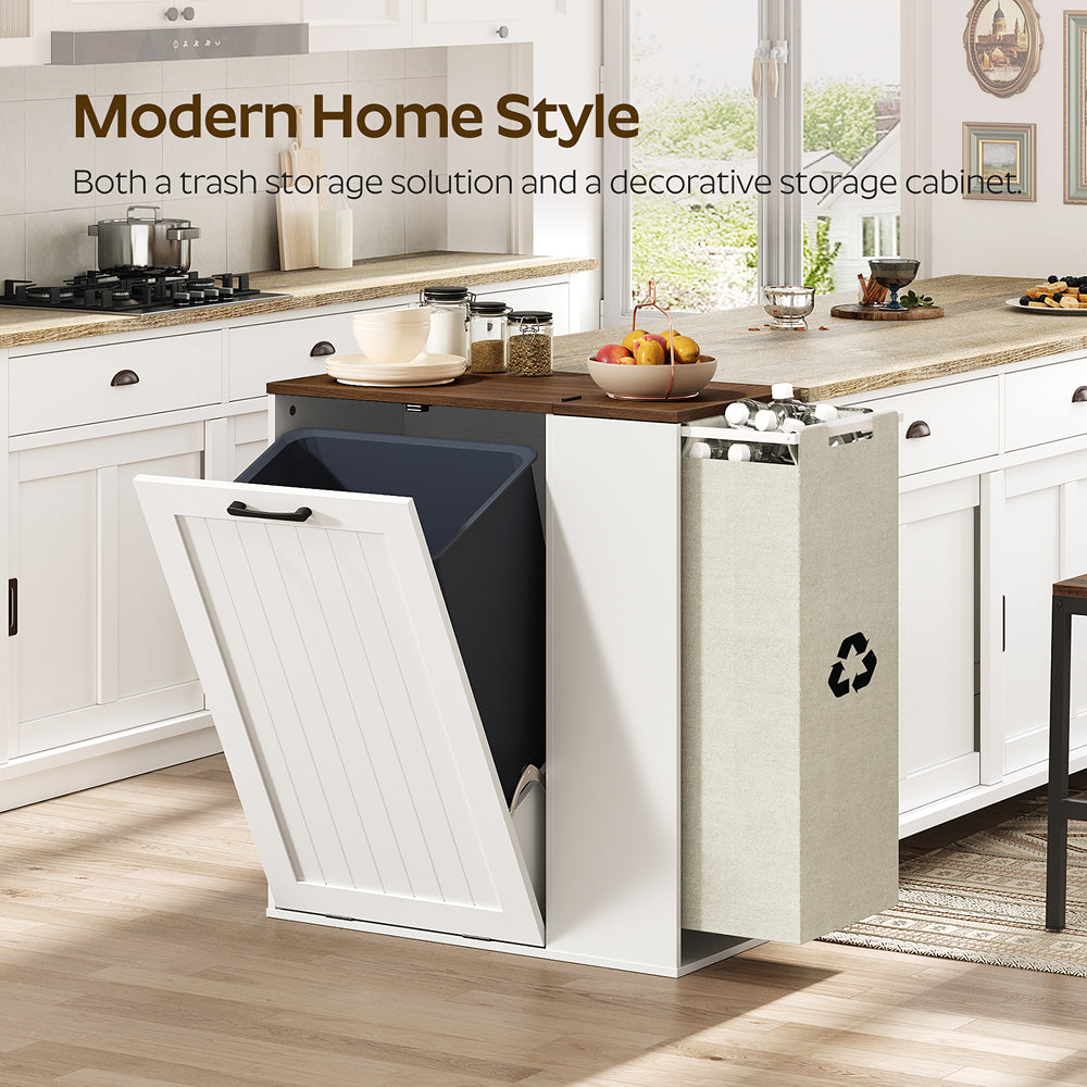 HOOBRO Tilt Out Trash Can Cabinet, Wooden Recycling Cabinet Trash Can, for Kitchen, Living Room, White and Walnut