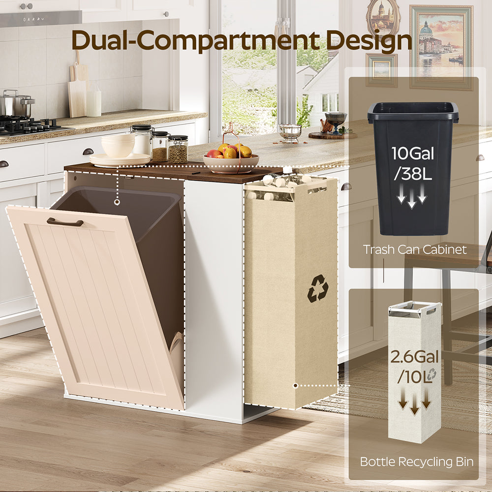 HOOBRO Tilt Out Trash Can Cabinet, Wooden Recycling Cabinet Trash Can, for Kitchen, Living Room, White and Walnut