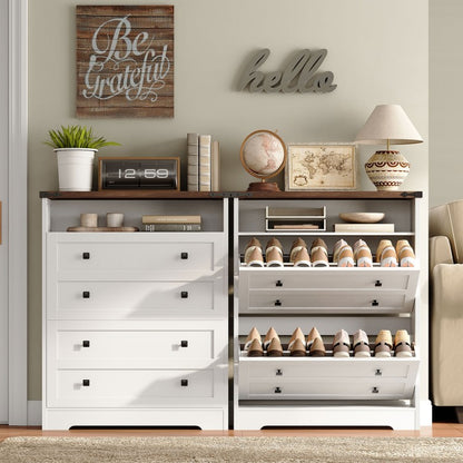 HOOBRO Shoe Cabinet Storage for Entryway, Farmhouse Shoe Cabinet with 2 Flip Drawers, Freestanding Shoe Organizer, Hidden Narrow Shoes Storage Cabinet, Slim Shoe Cabinet
