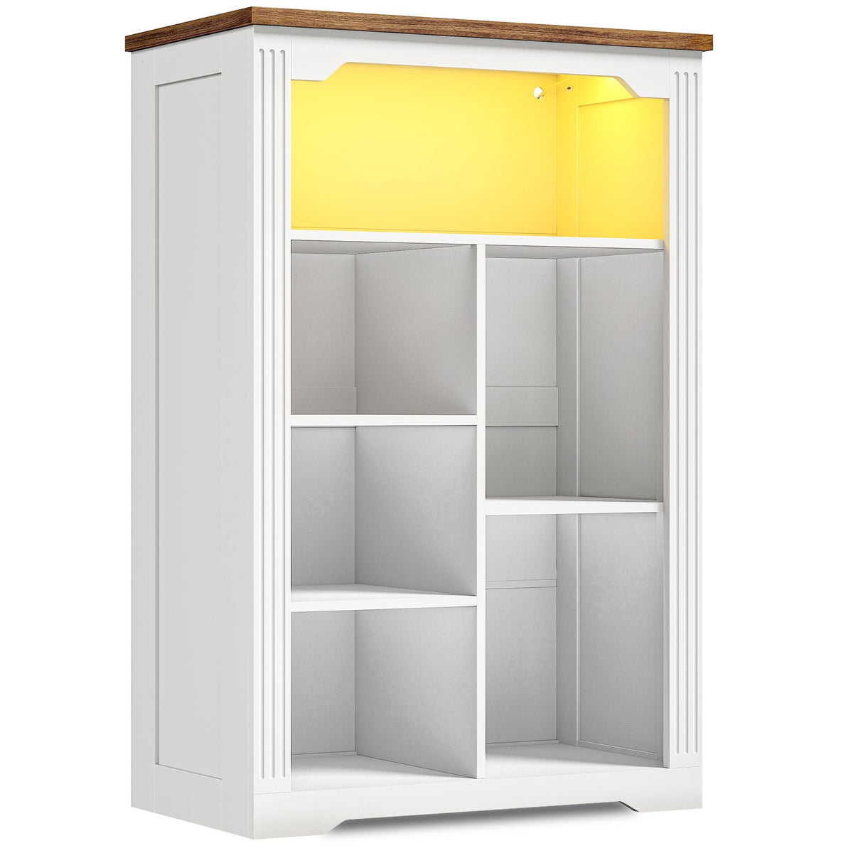 HOOBRO White Wooden Modern 7-Cube Storage Organizer with LED Lights & Power Outlets