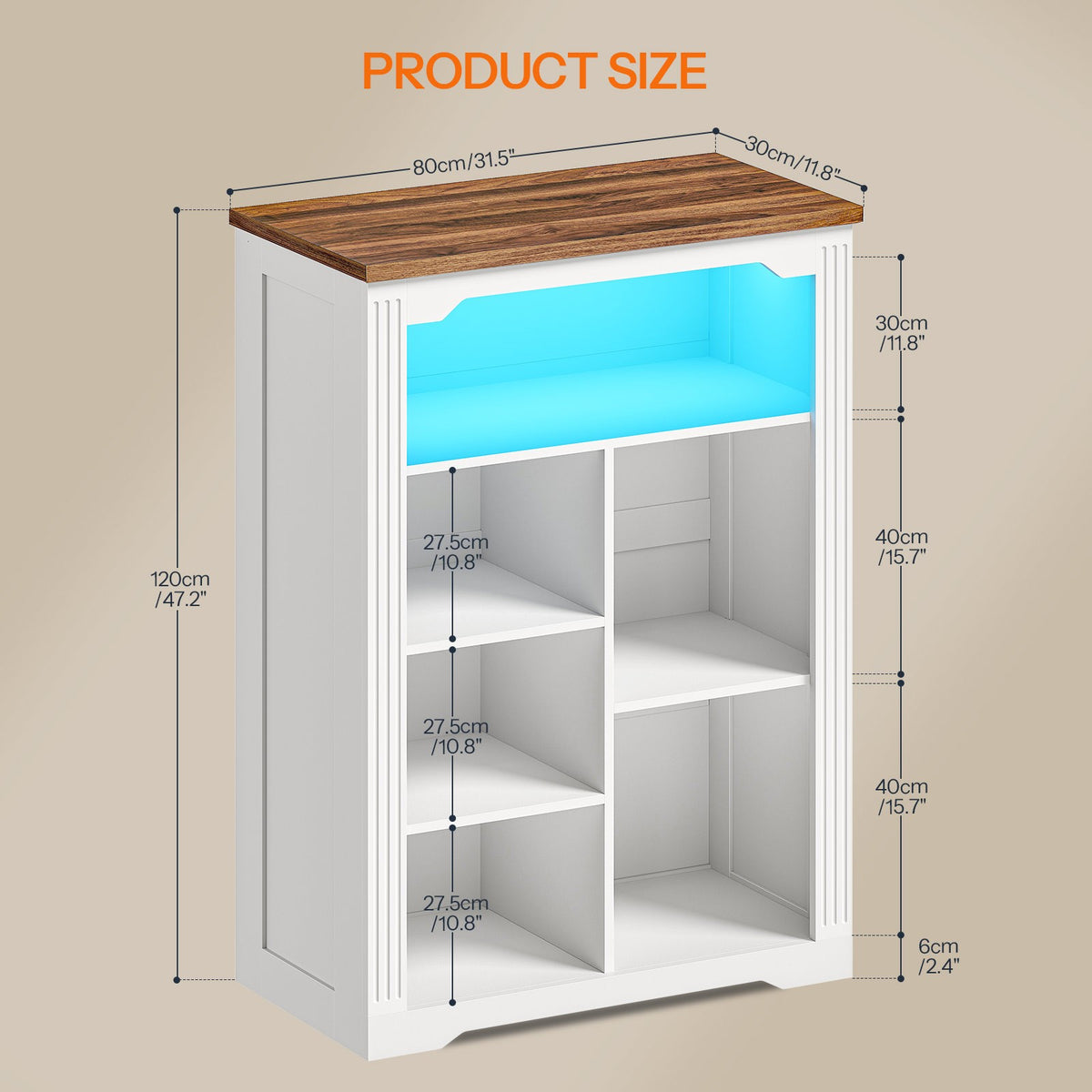 HOOBRO White Wooden Modern 7-Cube Storage Organizer with LED Lights & Power Outlets