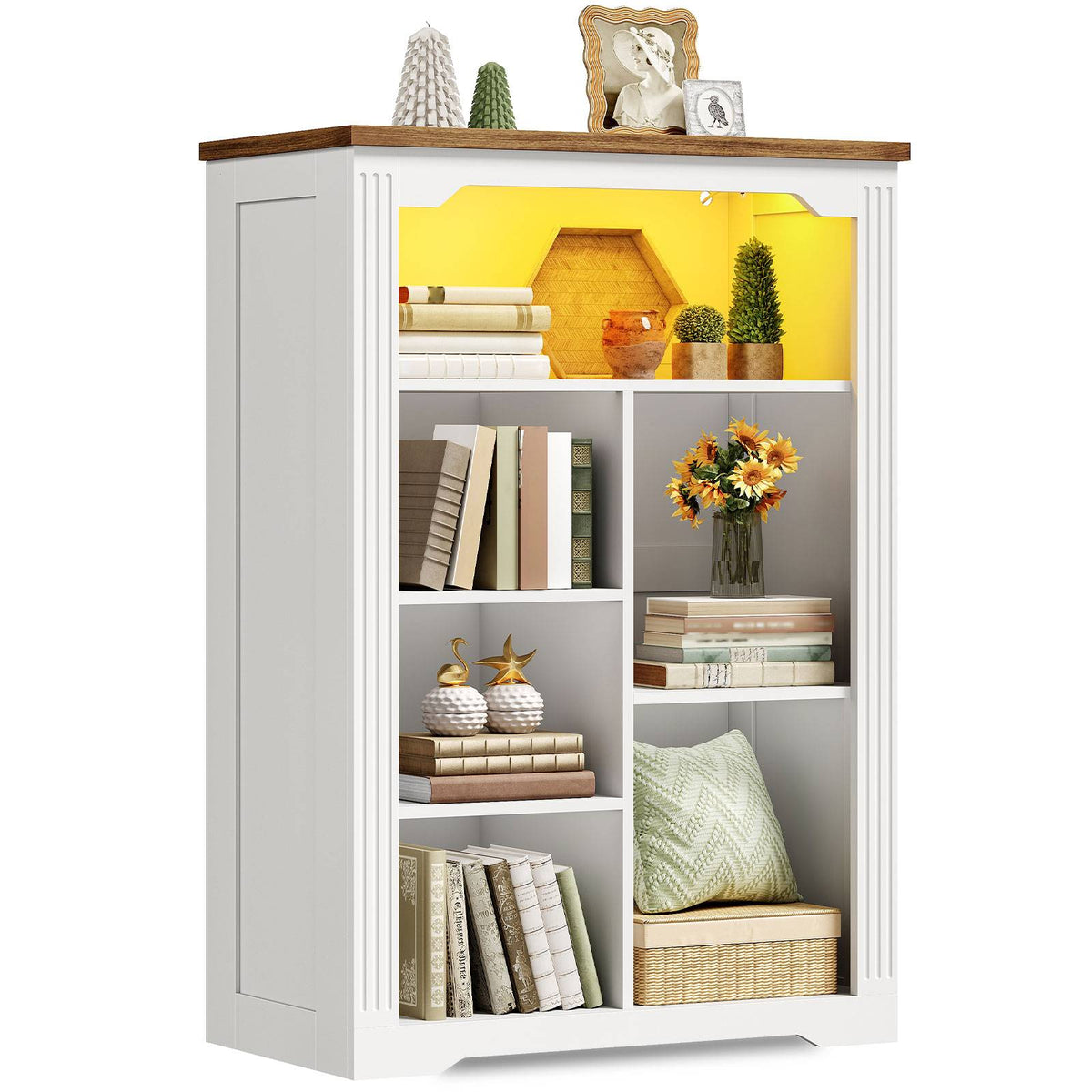 HOOBRO White Wooden Modern 7-Cube Storage Organizer with LED Lights & Power Outlets