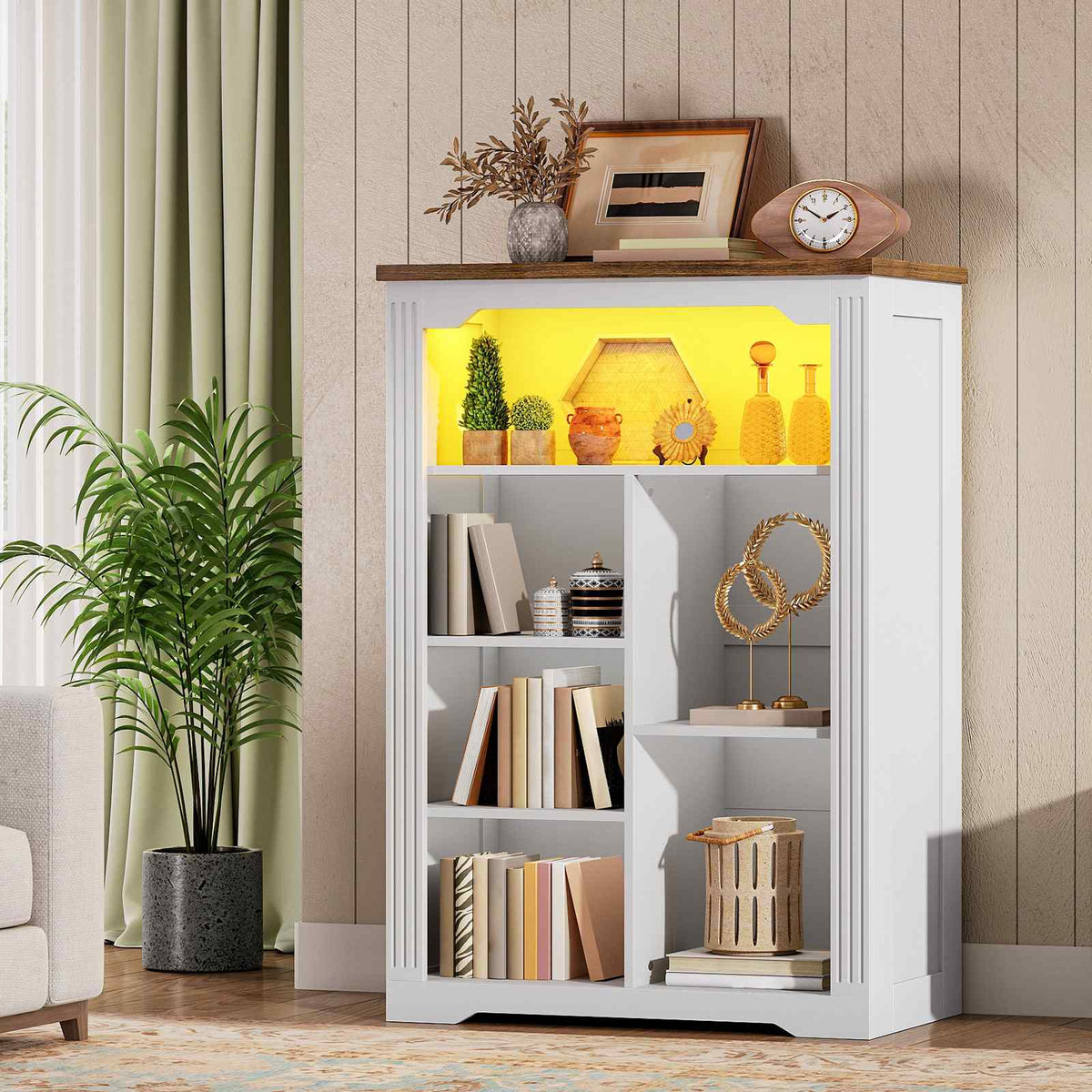 HOOBRO White Wooden Modern 7-Cube Storage Organizer with LED Lights & Power Outlets