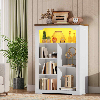 HOOBRO White Wooden Modern 7-Cube Storage Organizer with LED Lights & Power Outlets