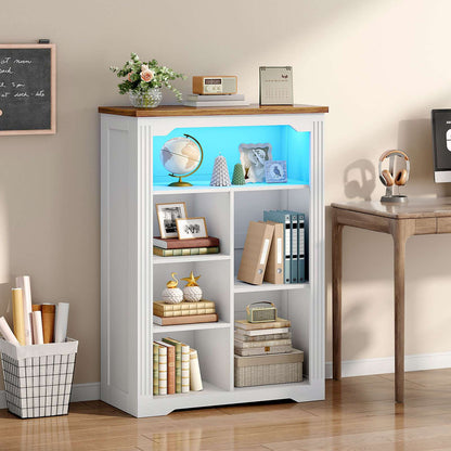 HOOBRO White Wooden Modern 7-Cube Storage Organizer with LED Lights & Power Outlets