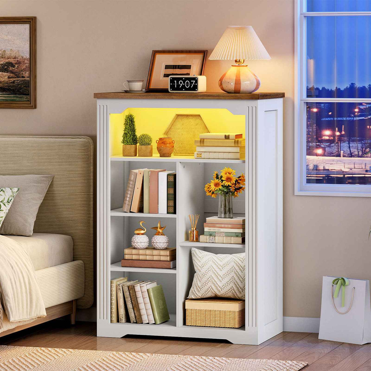 HOOBRO White Wooden Modern 7-Cube Storage Organizer with LED Lights & Power Outlets