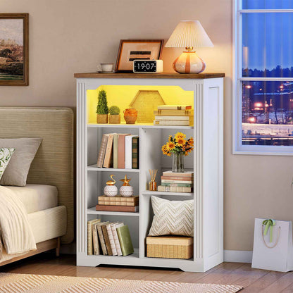 HOOBRO White Wooden Modern 7-Cube Storage Organizer with LED Lights & Power Outlets