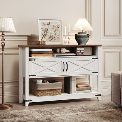 HOOBRO Farmhouse Entryway Table with Storage, Narrow Sofa Table with Cabinets, White Console Table for Entryway, Hallway, Living Room, Sofa Table with Doors, Metal Accents