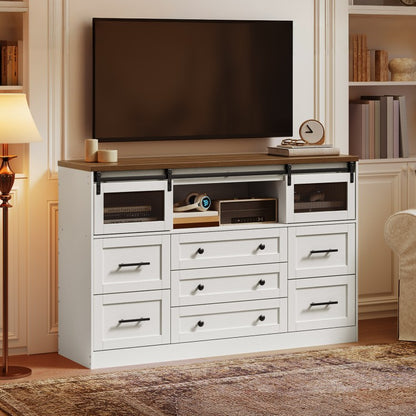 HOOBRO 7 Drawers Dresser for Bedroom, Farmhouse Dressers with Barn Doors, Large Wooden Chests of Drawers, Dresser TV Stand for Living Room, Bedroom, Hallway, 3 Compartments